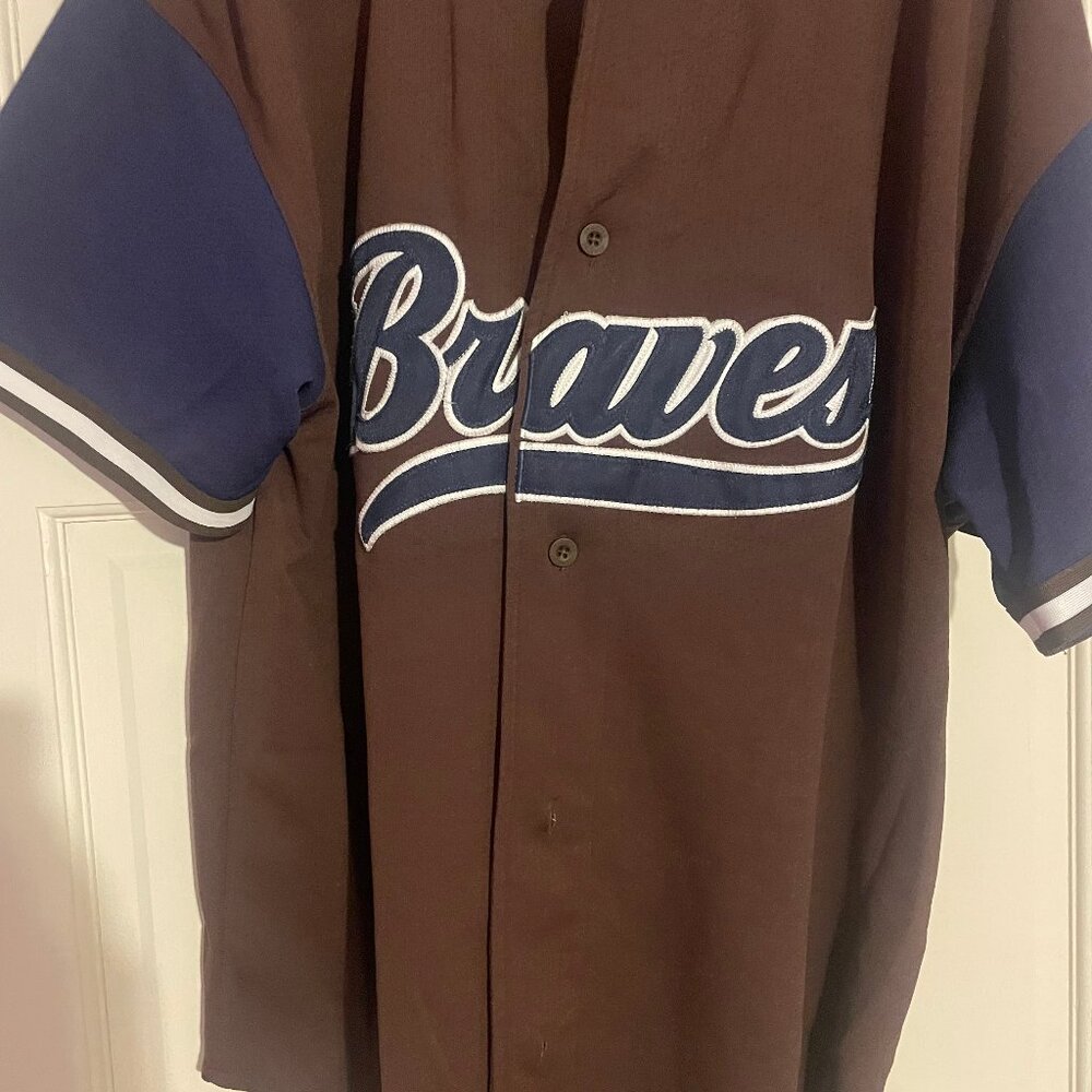 Vintage Starter 90's Atlanta Braves  Brown Blue Sewn Baseball Jersey Men's XL